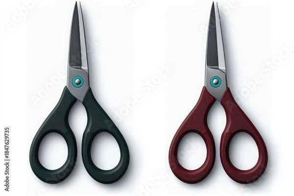Fototapeta two elegant scissors with dark green and burgundy handles and blue blade accents on white background for branding and graphic design projects