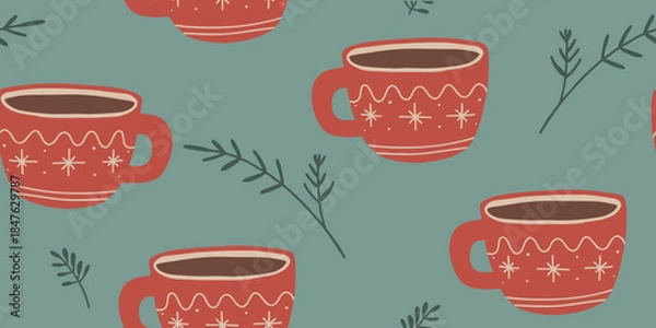Obraz Cozy Winter Mugs and Pine Needles Seamless Pattern