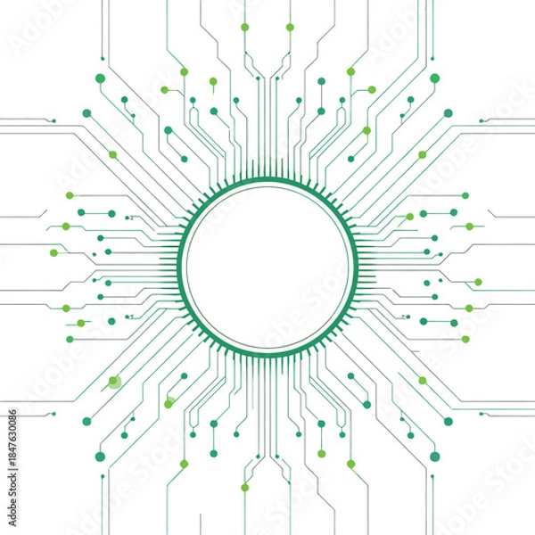 Obraz Circular processor vector with radiating green-black circuit lines, symbolizing digital connectivity and electronic systems.