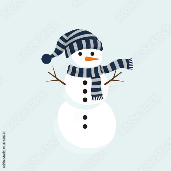 Fototapeta A cute cartoon snowman wearing a blue and white striped hat and scarf, with a carrot nose and stick arms, on a light blue background.