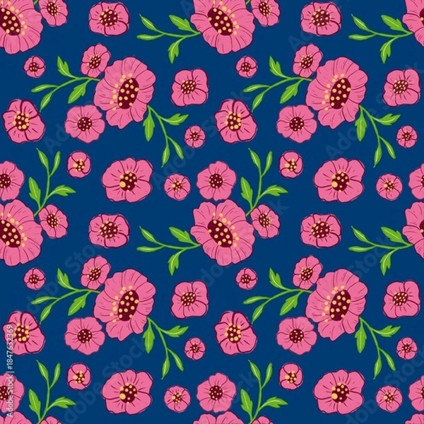 Obraz Pattern Flower Cute Pink Floral Seamless Pattern on Blue Background