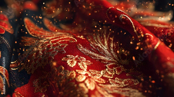 Fototapeta Richly embroidered red fabric with intricate golden details and sparkles  