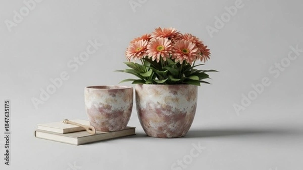 Obraz Potted Flowers and Books on a Table