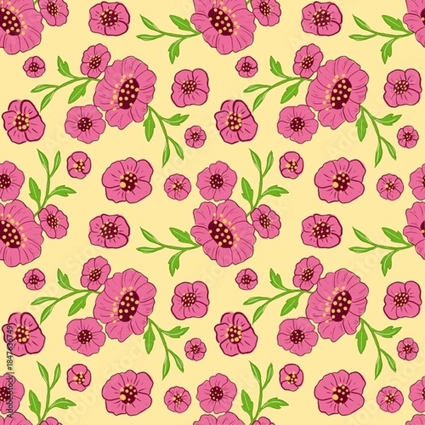 Obraz Pattern Flower Cute Pink Floral Seamless Pattern on Yellow Background