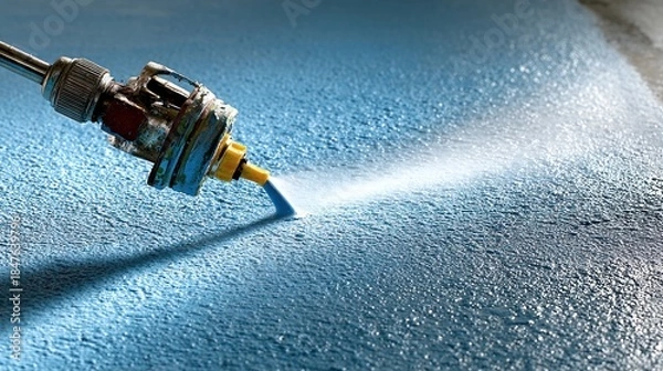 Obraz Spray gun applying blue liquid, close-up, surface covered