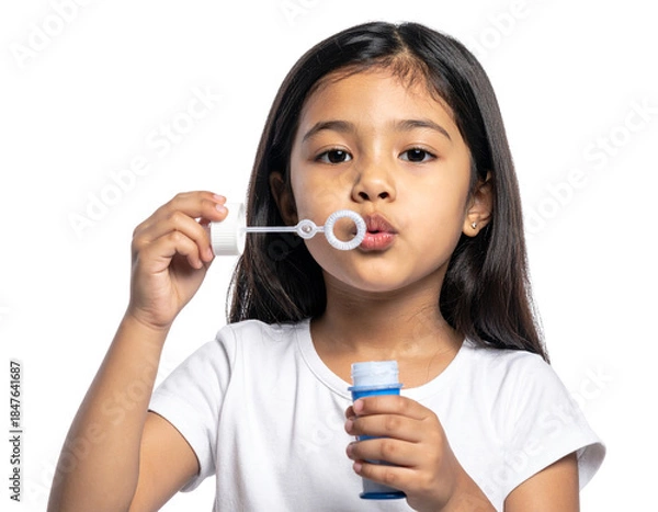 Fototapeta Young Girl Blowing Soap Bubbles, Front View Portrait, Isolated Cutout PNG on White Background.