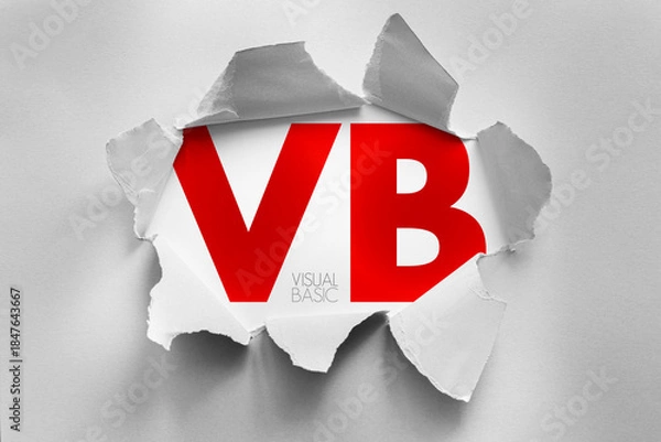 Obraz VB acronym for Visual Basic displayed through torn paper effect, representing programming language, IDE development, legacy codebase, GUI applications, and software scripting