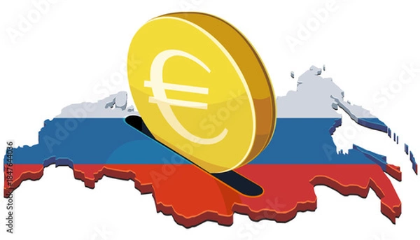 Fototapeta A large gold euro coin being inserted into a slot on a map of Russia, painted with the national flag. Concept for investment, economy, or financial savings in Russia. (cut out)