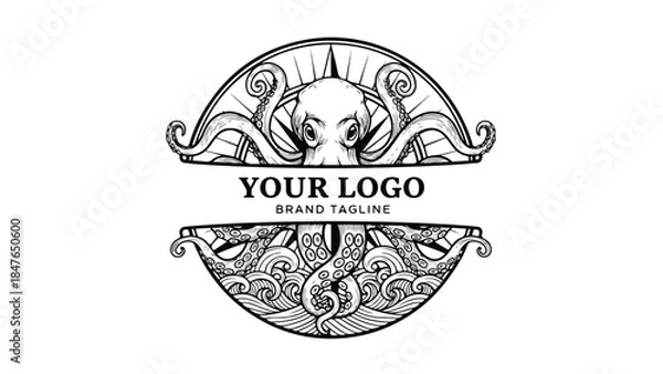 Obraz Octopus Logo Design with Compass and Ocean Waves.