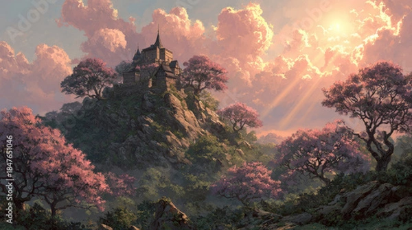 Obraz Fantasy Castle on Hill with Dramatic Clouds