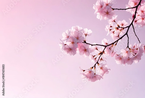 Fototapeta A minimalist photograph of cherry blossoms in soft pastel pink, with ample negative space and serene lighting.
