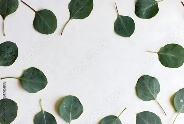 Fototapeta A minimalist flat lay of green leaves with dew drops on a white surface, in a serene, natural style.