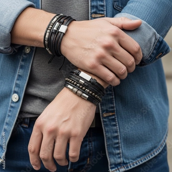 Obraz Close-up of male hands wearing layered leather and metal bracelets, casual denim style detail expressing modern masculinity, personal style and everyday fashion confidence