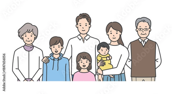 Fototapeta 家族のイラストベクター素材（3世代・7人家族）