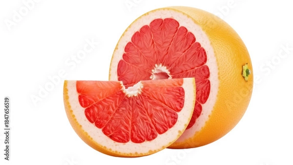Obraz Fresh pink grapefruit with slice isolated PNG, juicy citrus fruit for healthy eating and vitamin C boost on transparent background