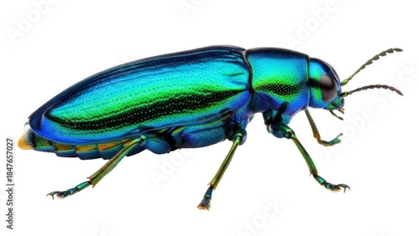 Obraz Iridescent jewel beetle PNG isolated on transparent background, metallic green and blue insect with intricate details for design projects