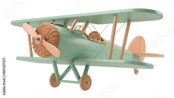 Obraz Vintage wooden toy biplane PNG isolated on transparent background, retro style airplane model for kids room decor and aviation enthusiasts
