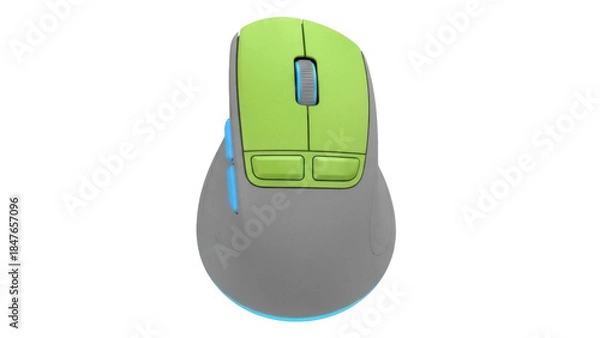 Obraz Ergonomic computer mouse isolated PNG on transparent background, green and gray wireless mouse for comfortable computing and office use