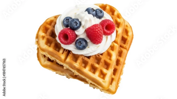 Obraz Delicious waffles with whipped cream and berries isolated PNG, sweet breakfast dessert on transparent background for food design and culinary projects