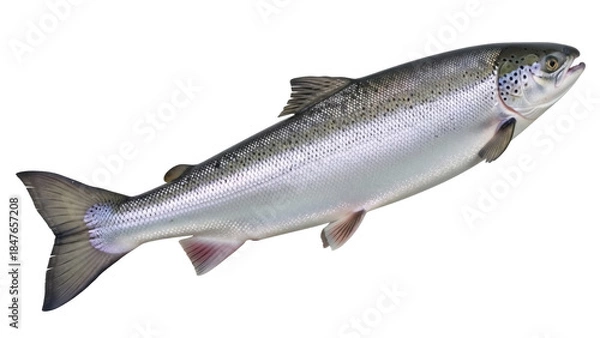 Obraz Fresh Atlantic salmon isolated PNG on transparent background, whole raw fish with silver scales and black spots for healthy eating and seafood concepts