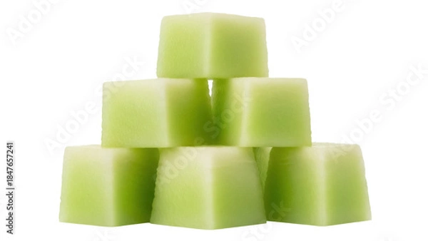 Obraz Honeydew melon cubes stacked isolated PNG, fresh green fruit pieces for healthy eating and summer dessert on transparent background