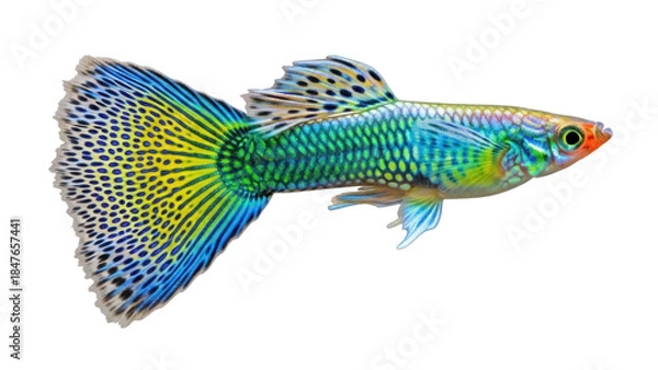 Obraz Colorful male guppy fish PNG isolated on transparent background, vibrant tropical aquarium pet with fancy tail and iridescent scales