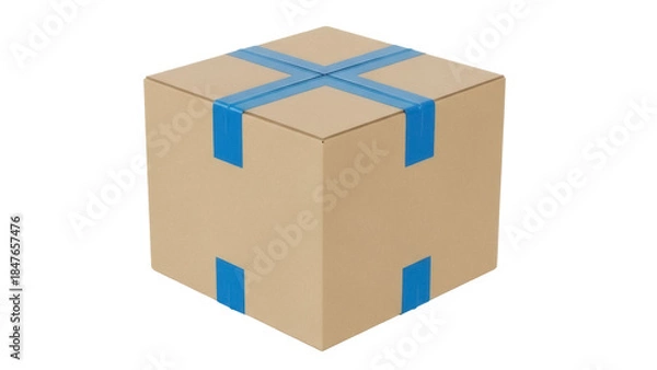 Obraz Cardboard box with blue tape isolated PNG, brown package for shipping and moving, delivery container on transparent background