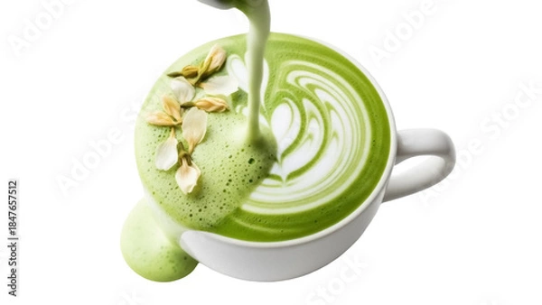 Obraz Matcha latte art with flower petals isolated PNG, creamy green tea drink being poured on transparent background for cafe menu