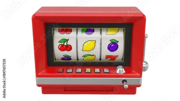 Obraz Red slot machine PNG isolated on transparent background, gambling game with cherries, lemons, plums and lucky number 7 for casino and betting