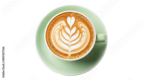 Obraz Latte art in a light green cup isolated PNG, coffee drink with heart and leaf design on transparent background, cafe beverage