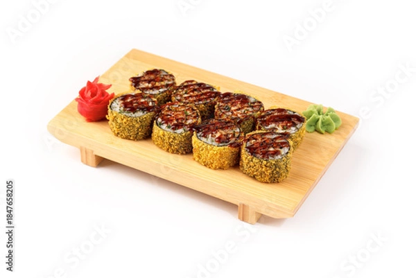 Obraz Delicious sushi rolls served on a wooden platter