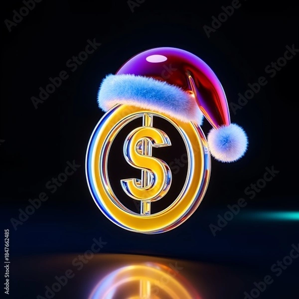 Obraz Futuristic neon dollar coin with santa hat