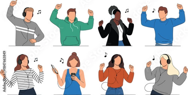 Fototapeta Diverse group of happy young people wearing headphones listening to music on smartphones and dancing to their favorite songs together