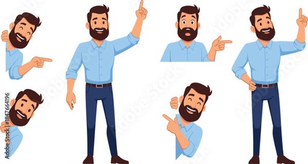 Fototapeta Set of bearded man character in various poses, pointing finger, showing great ideas, peeking, and happy expressions for professional business marketing