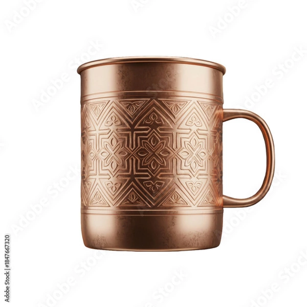 Obraz Copper metallic mug with engraved decorative pattern, shiny drinkware accessory on clean background
