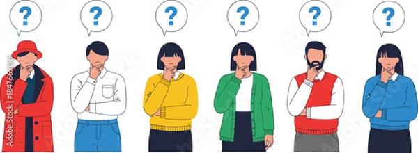 Fototapeta Diverse group of thoughtful people with question marks in speech bubbles wondering, thinking, and searching for answers or creative solutions