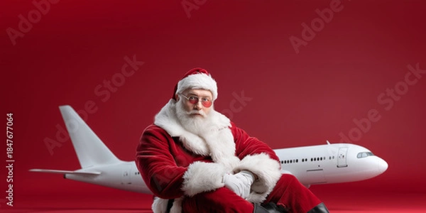 Obraz santa claus sitting by airplane on solid background