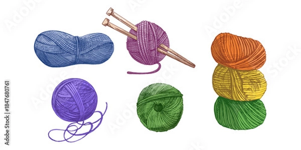 Obraz Hand drawn vintage sketch of colorful yarn balls, knitting needles and stacked skeins, isolated vector illustration