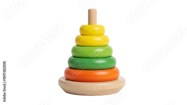 Obraz Isolated wooden stacking ring toy, preschool educational game for motor skill development