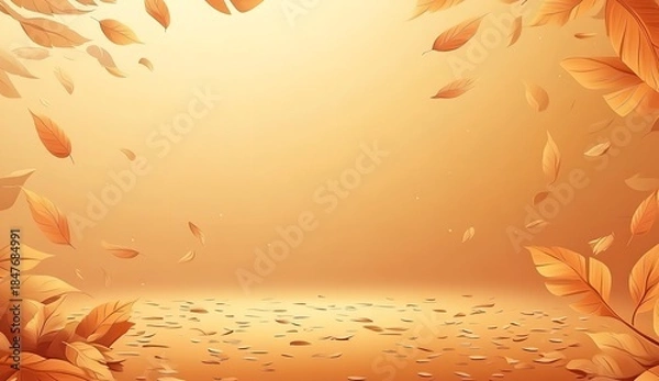 Obraz Golden Autumn Leaves Falling, Orange Background with Floating Foliage, Seasonal Change Concept