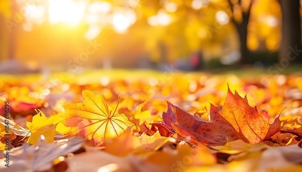 Obraz Vibrant Autumn Leaves Scattered on Ground with Warm Sunlight and Blurred Tree Background in Fall Season