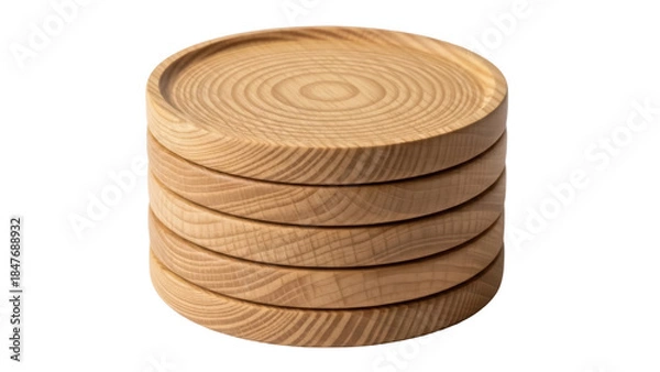 Obraz Isolated stack of wooden coasters close up with concentric grain pattern, table protection