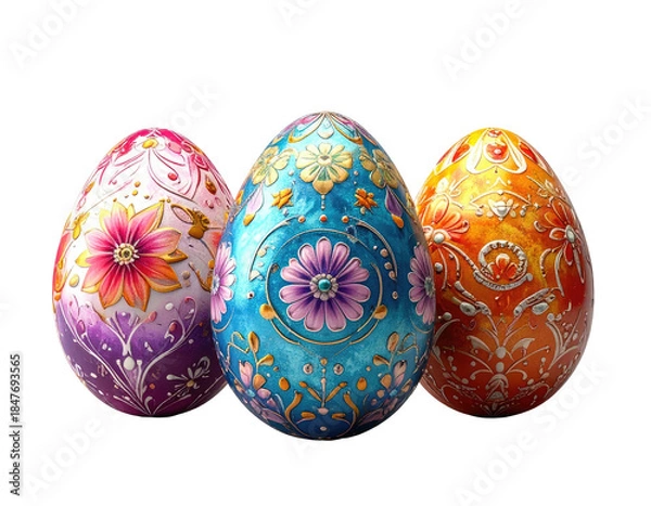 Obraz Three vibrantly decorated Easter eggs in intricate floral patterns