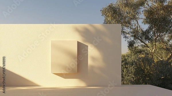 Obraz A minimalist white wall with a rectangular window and a tree in the background.