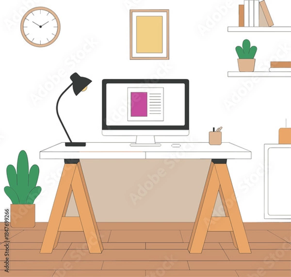 Fototapeta Minimalist workspace setup, modern home office desk, desktop computer scene, organized productivity space, remote work environment, clean interior design