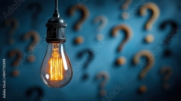 Obraz Illuminated Light Bulb Against Blue Background with Question Marks