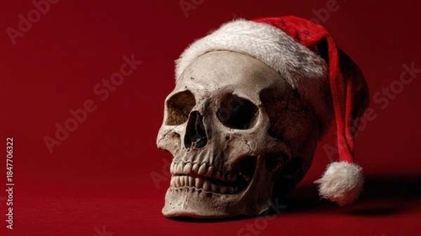 Obraz Skull Wearing Santa Hat on Red Background