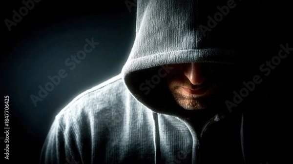 Obraz Mysterious Man in Hooded Jacket with Focused Expression