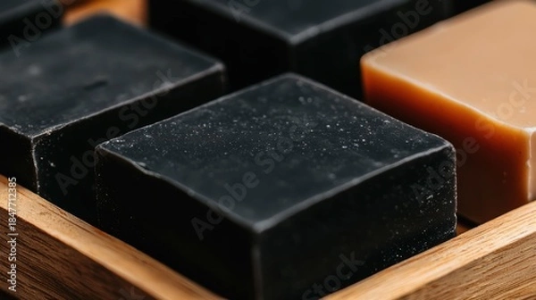 Obraz A wooden box with black and tan bars.