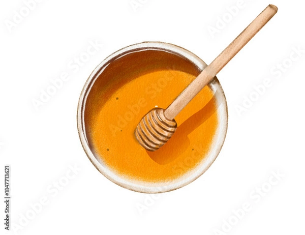 Fototapeta honey dripping from a wooden dipper isolated hand drawn on transparent background.